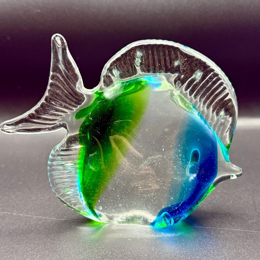 Blue Green Clear Art Glass Tropical Fish Figurine Ribbed Fins 4.75"